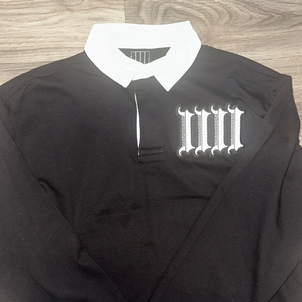 Men's Four Eyes Black Long-Sleeve Rugby Polo with White Contrast Collar